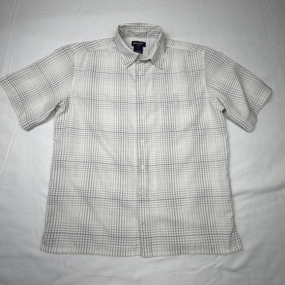 Puritan Sueded Mens Short Sleeve Button Down Shirt White Grid Size Medium